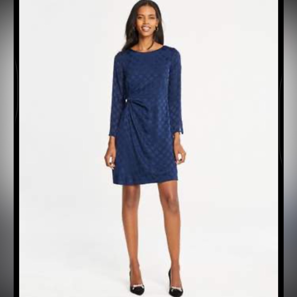 Ann Taylor Navy Blue Long Sleeve Knot-Detail Dress